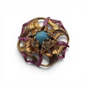 Vintage Pink Enamel Turquoise Cabochon Brooch Gold Tone Mid Century Pin